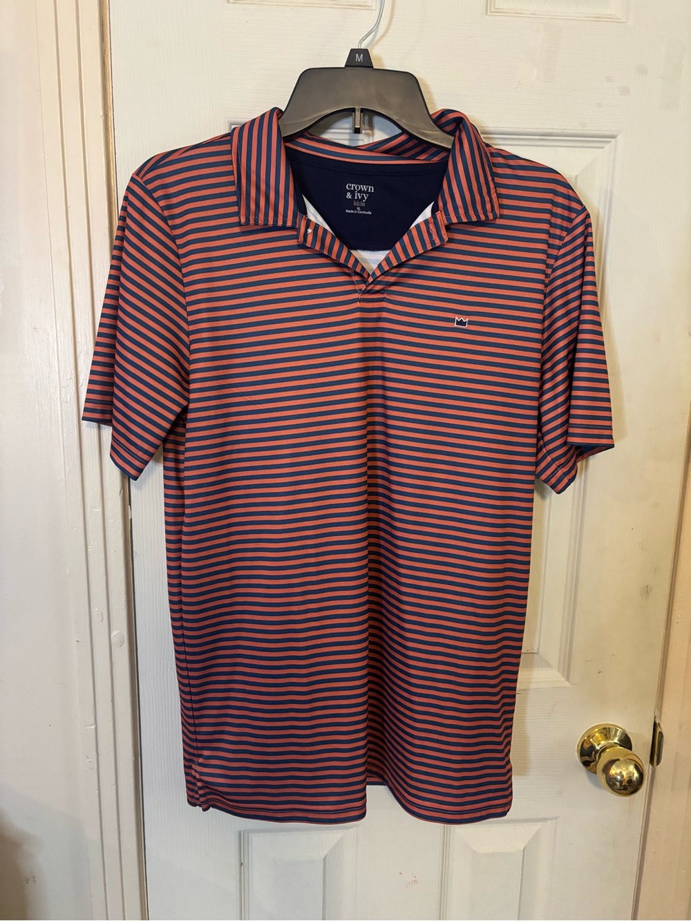 crown & ivy Navy and Coral Striped Performance Polo